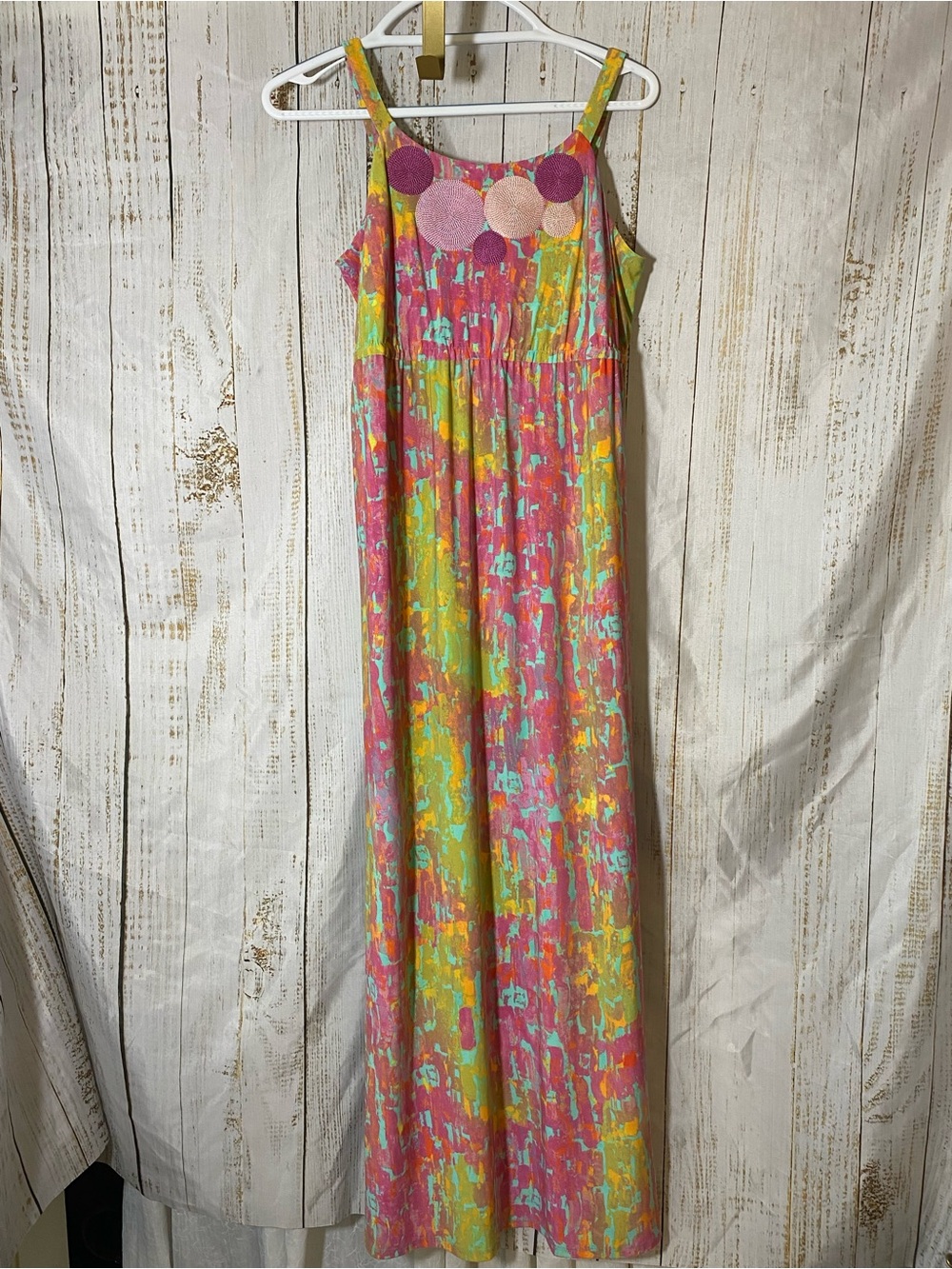 Ladies' Pink & Yellow Abstract Maxi Dress with Circle Appliqués